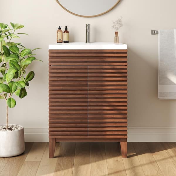 24 in. Single Sink Freestanding Wood Bath Vanity in Walnut with White Ceramic Vanity Top（Assembled）
