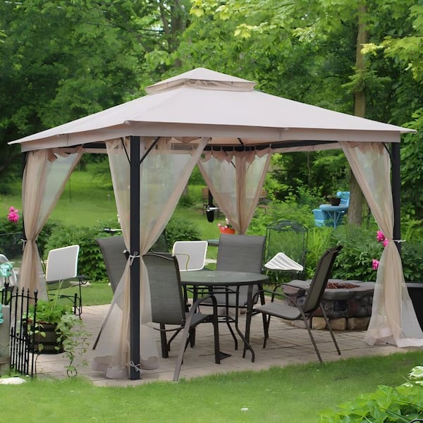 Huluwat 10 ft. x 10 ft. Beige Outdoor Softtop Patio Gazebo Canopy Tent with Mosquito Net and Sunshade Curtains