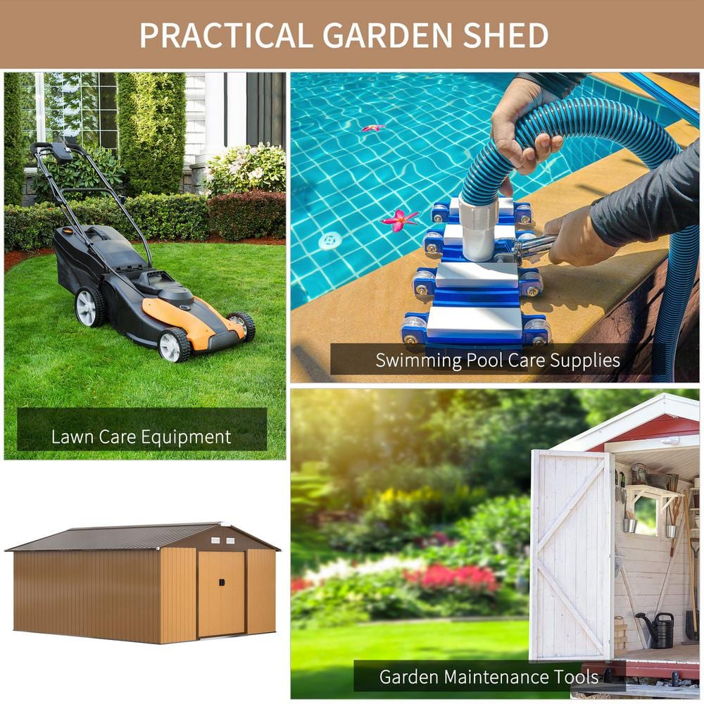 Large Brown and Yellow Metal Storage Shed with Windows