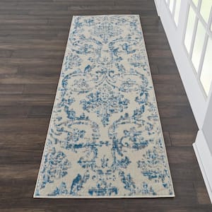 Jubilant Ivory/Blue 2 ft. x 7 ft. Persian Vintage Kitchen Runner Area Rug