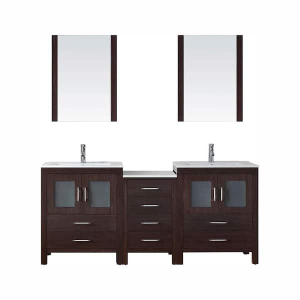 Virtu USA Dior 74 in. W Bath Vanity in Espresso with Ceramic Vanity Top in White with Square Basin and Mirror