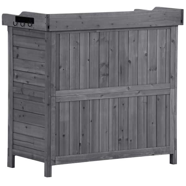 Unbranded Outdoor Wood Garden Workstation Bench Storage Cabinet Table with 2-Tier Shelves and Side Hook Gray