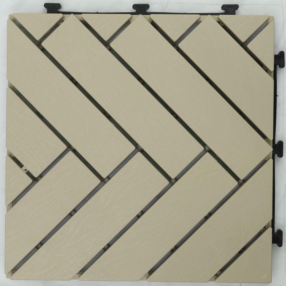Courtyard Casual Herringbone Pattern 12 in. x 12 in. Plastic Deck Tile in Cream (9-Piece)