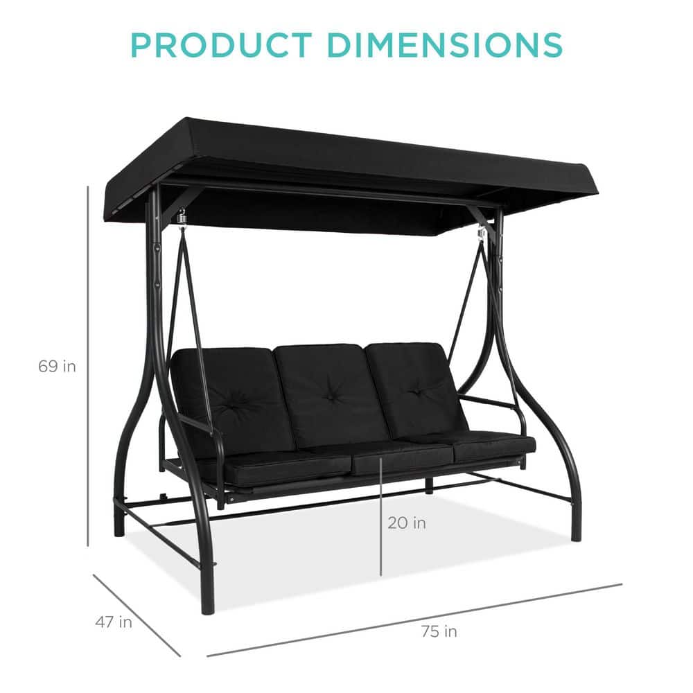 Black Steel 3-Seat Outdoor Canopy Swing Glider with Cushions