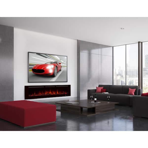 Glitzhome 72 in. Recessed Wall Mounted Electric Fireplace Heater Smokeless in Black with Remote Control