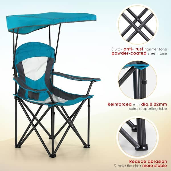 PHI VILLA Camping Chair With Canopy 50+ UPF Light Blue Folding