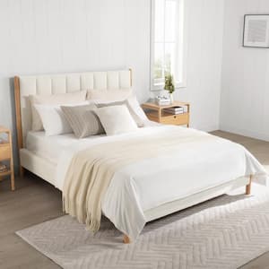 Oswin Cream Wood Frame Queen Upholstered Platform Bed Mid-Century Modern Queen Bed Frame with Channel Tufting