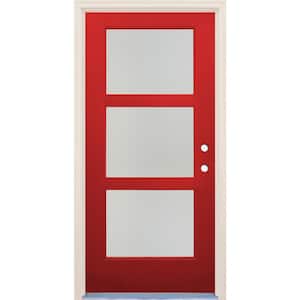 36 in. x 80 in. Left-Hand/Inswing 3 Lite Satin Etch Glass Ruby Red Fiberglass Prehung Front Door w/4-9/16" Frame