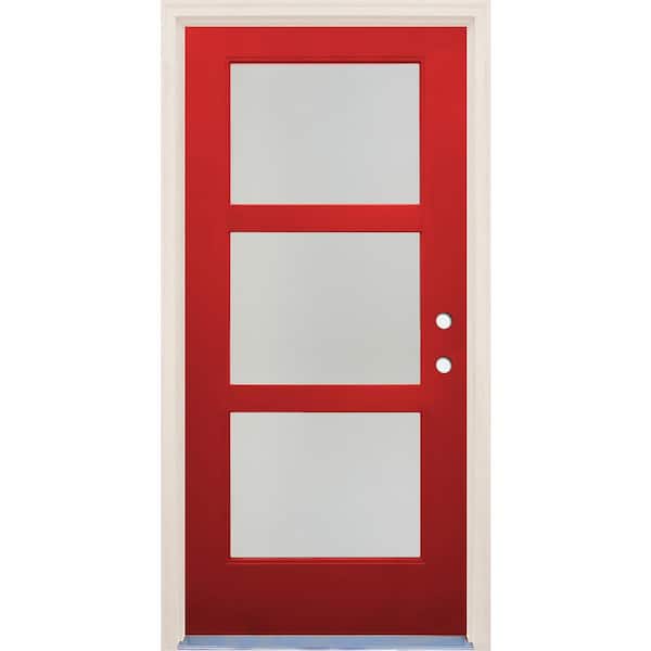 Builders Choice 36 in. x 80 in. Left-Hand/Inswing 3 Lite Satin Etch Glass Ruby Red Fiberglass Prehung Front Door w/4-9/16" Frame