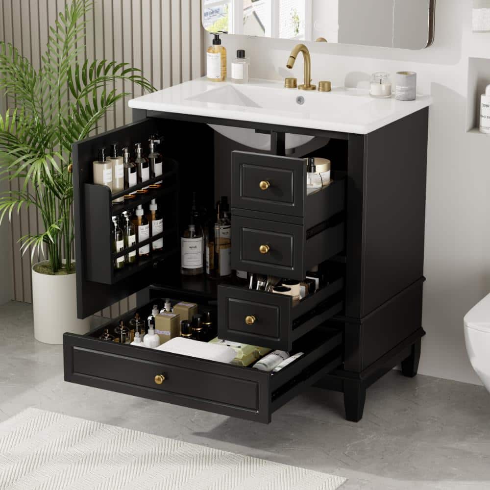 30" Bathroom Vanity with Sink, Storage Cabinet with Shelved Door and Three Soft Close Drawers, Black
