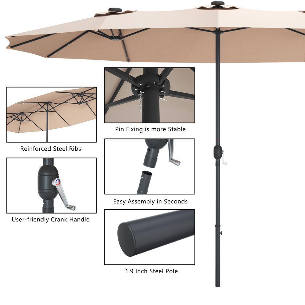 15' Beige Double-Sided Patio Umbrella with Solar LED Lights