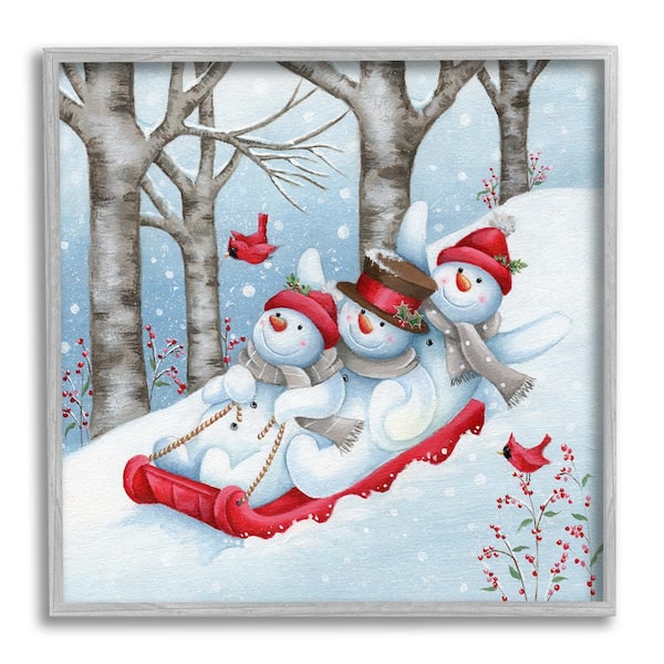 Stupell Industries Happy Snowman Trio Sledding by Emma Leach 1 Piece Framed Graphic Print Animal Poster Art Print 12 in. x 12 in.