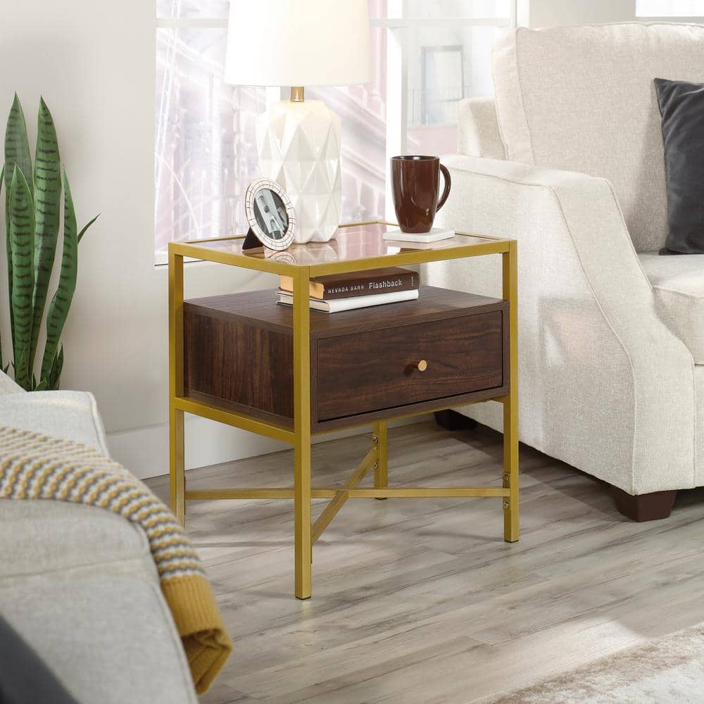 Harper Heights Luxe Walnut Side Table with Glass Top and Storage