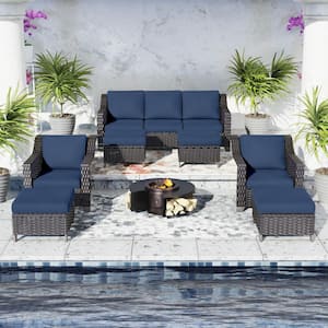 7-Piece Wicker Outdoor Patio Conversation Set Sectional Sofa and Ottomans with Navy Blue Cushions