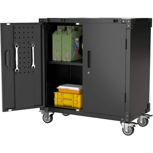31.5 in. W x 35 in. H x 17 in. D Locking Tool Storage Freestanding Cabinet with Pegboard, 2 Adjustable Shelfs in Black