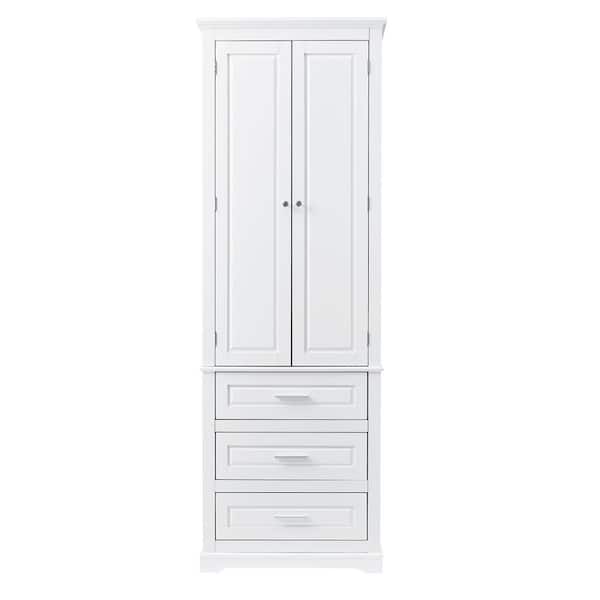 24 in. W x 16 in. D x 70 in. H White Linen Cabinet with 3 Drawers, Adjustable Shelf