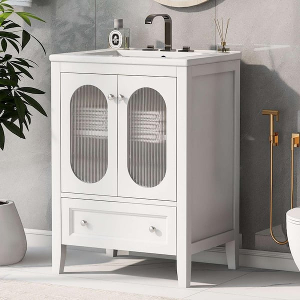 24 in. W Single Sink Freestanding Bath Vanity in White with White Ceramic Top, 1-Drawer and Doors