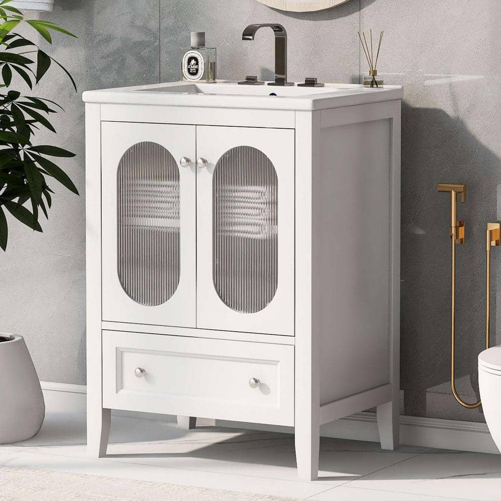 White 24" Freestanding Bathroom Vanity with Ceramic Sink