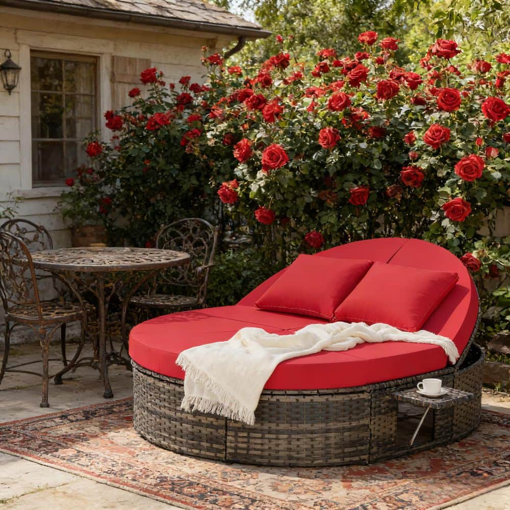 Gray Wicker Outdoor Day Bed with Adjustable Backrests and Foldable Cup Trays, Red Cushions for Backyard price history on PriceWatchPro