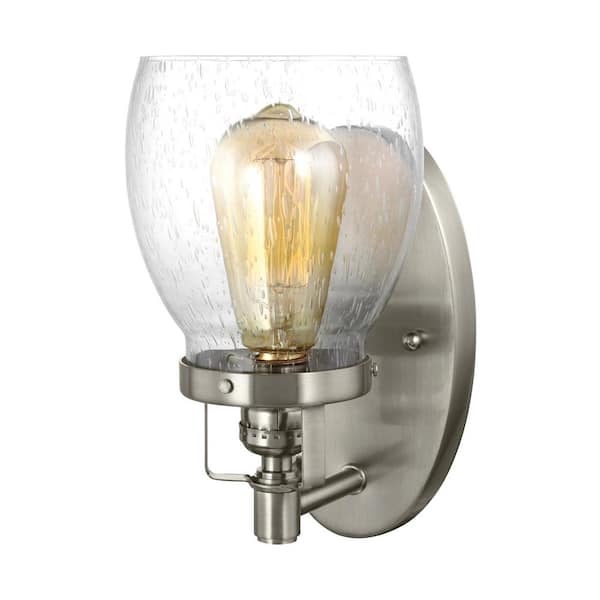 Generation Lighting Belton 5.375 in. 1-Light Brushed Nickel Transitional Industrial Wall Sconce Bathroom Light with Clear Seeded Glass Shade