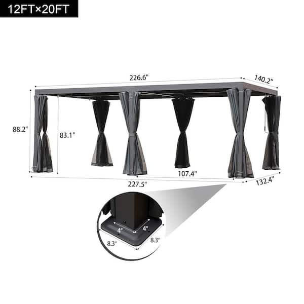 12 ft. x 20 ft. Black Aluminum Outdoor Adjustable Louvered Pergola with Waterproof Roof