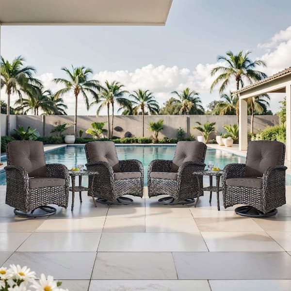 Rotavia Brown 6-Piece Wicker Swivel Glider Outdoor Rocking Chairs Patio Conversation Set with Gray Cushions