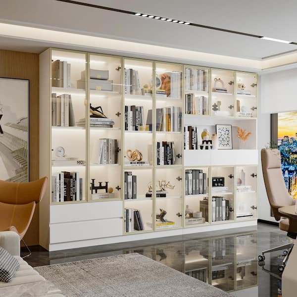 FUFU&GAGA 78.7 in. Tall 30-Shelf White Wood Standard Bookcase Combo Bookshelf With Tempered Glass Doors, LED Lights, Drawers