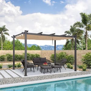 10 ft. x 13 ft. Gray Aluminum Frame Morden Pergola with Beige Retractable Sun Shade Canopy for Garden Grill