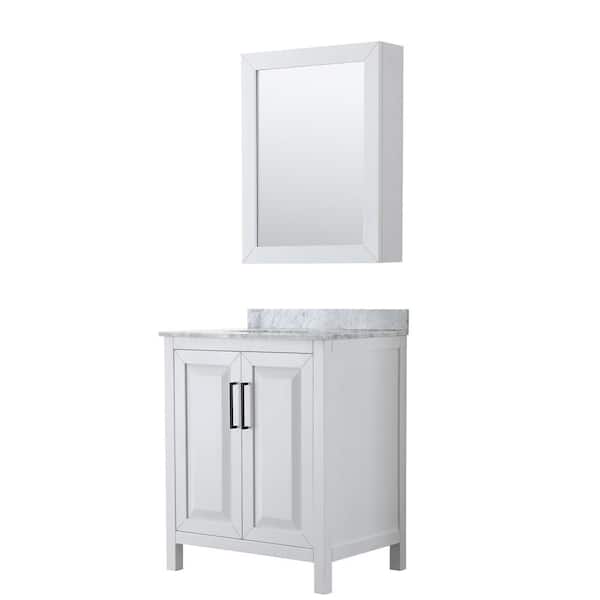 Wyndham Collection Daria 30 in. W x 22 in. D x 35.75 in. H Single Bath Vanity in White with White Carrara Marble Top and Mirror