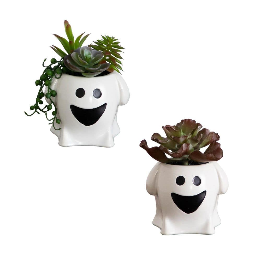 Nearly Natural 5 in. Artificial Halloween Succulent Garden in Happy Ghost Planter - Set of 2