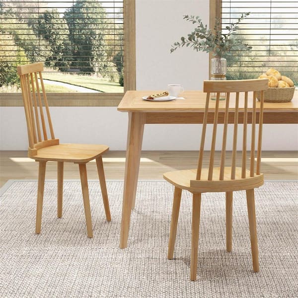 Natural Wood Windsor Dining Chairs with High Spindle Back Set of 2