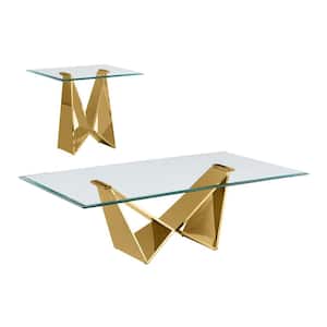 Arie 60 in. Clear Rectangle Glass Top Coffee Table Set With Gold Stainless Steel Base Set Of 2