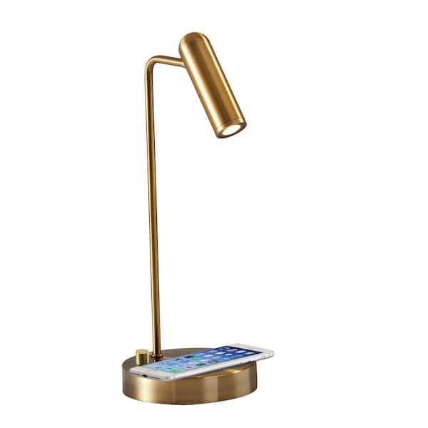 Adesso Kaye 16.5 in. Antique Brass LED Desk Lamp with Qi Wireless Charging