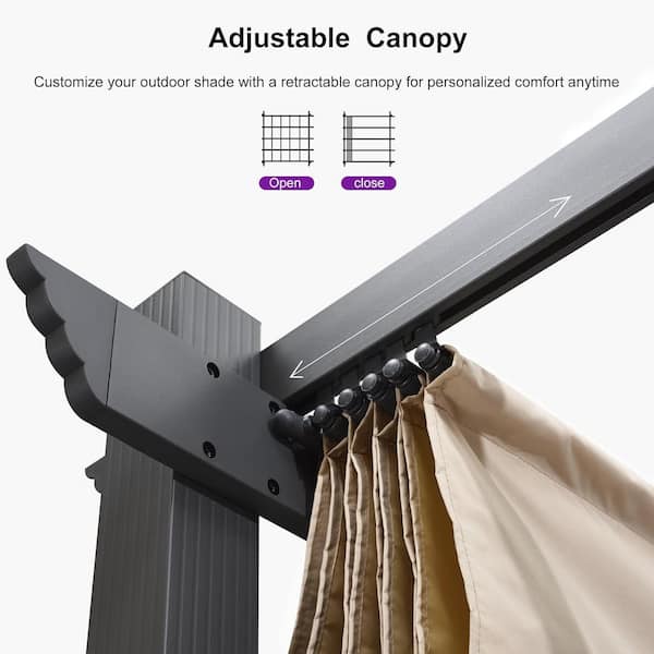 10 ft. x 10 ft. Gray Aluminum Frame Outdoor Patio Pergola Gazebo with Beige Retractable Sun Shade Canopy for Deck Garden
