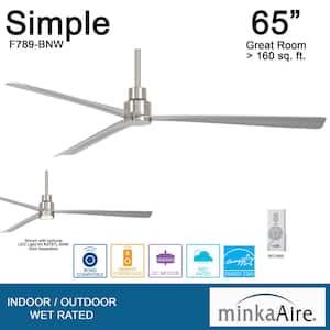Simple 65 in. 6 Fan Speeds Ceiling Fan in Brushed Nickel Wet with Remote Control