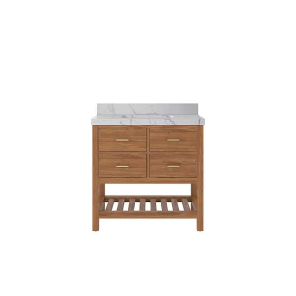 Willow Collections Parker Teak 36 in. W x 22 in. D x 36 in. H Single Sink Bath Vanity Center in Golden Teak with 2 in. Venatino Qt. Top