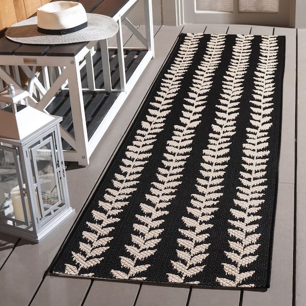 Courtyard 2 ft. x 8 ft. Black/Beige Geometric Runner Rug