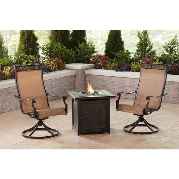 Hanover Monaco 3 Piece Aluminum Patio Fire Pit Conversation Set With Sling Swivel Rockers And Side Table Mon3pcswfpsq The Home Depot - Swivel Patio Set With Fire Pit