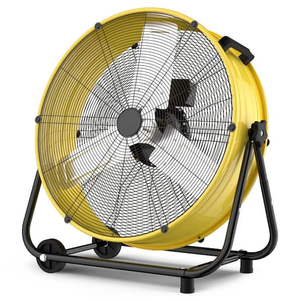 24 in. High Velocity Industrial Drum Fan, 3-Speed Heavy Duty Metal Floor Fan, High-Visibility Yellow Shop Fan