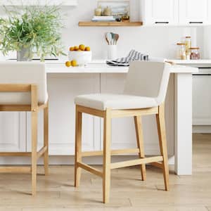 Gracie 24 in. Modern Counter Height Wood Bar Stool w/ Back, Textured Linen Upholstery, Cream Boucle/Warm Pine