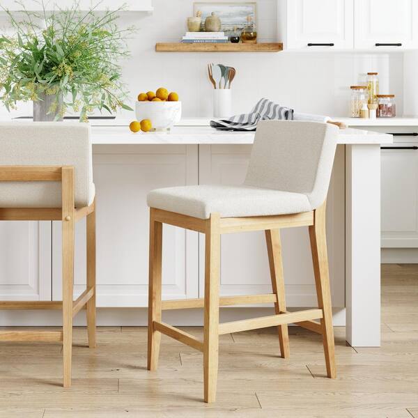 Nathan James Gracie 24 in. Modern Counter Height Wood Bar Stool w/ Back, Textured Linen Upholstery, Cream Boucle/Warm Pine