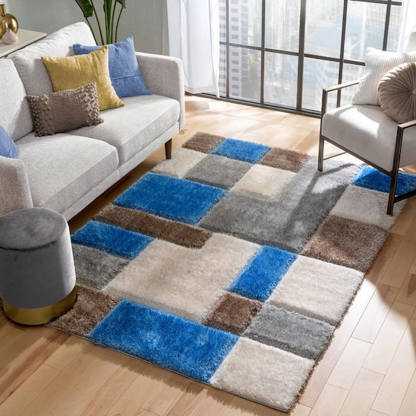 San Francisco Escondido Modern Geometric Boxes Shag Light Blue 5 ft. 3 in. x 7 ft. 3 in. 3D Textured Area Rug