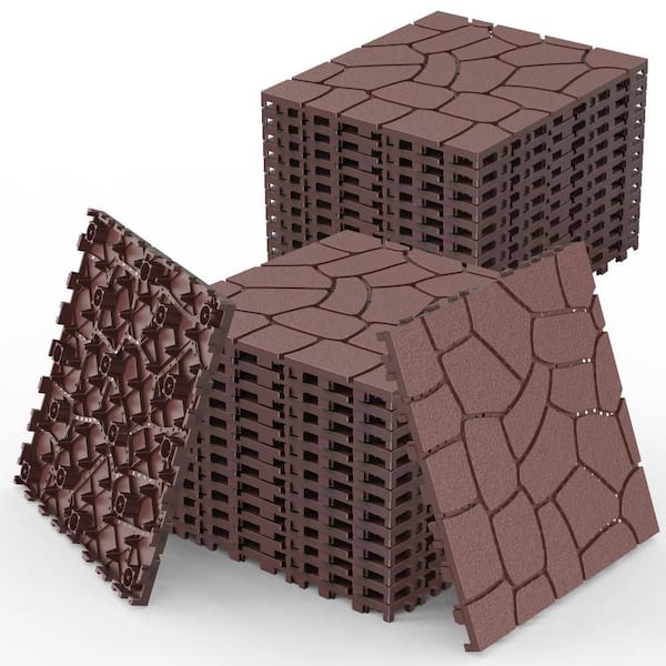 Plastic Garden Floor Pavers 12 in. x 12 in. Patio Deck Tiles 0.8 in. H Interlocking Tile in Brown (44 Per Case)