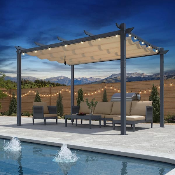 PURPLE LEAF 10 ft. x 13 ft. Dark Gray Aluminum Frame Pergola with Beige Retractable Sun Shade Canopy Extra Roof and String Lights