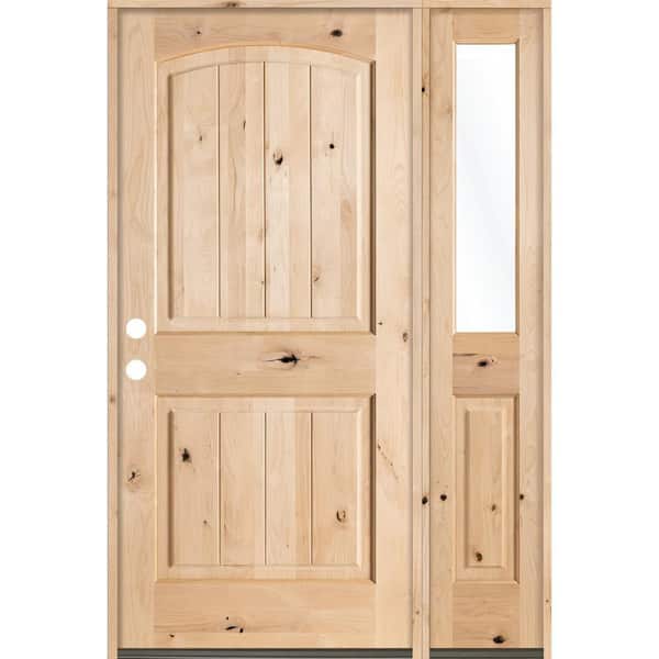 Krosswood Doors 56 in. x 80 in. Rustic Unfinished Knotty Alder Arch Top VG Right-Hand Right Half Sidelite Clear Glass Prehung Front Door