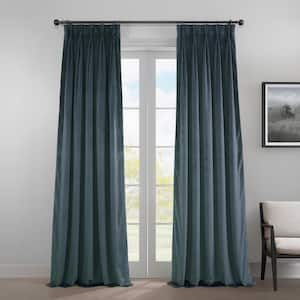 London Blue Pleated Curtains Heritage Plush Velvet 25 in. W x 108 in. L Velvet Room Darkening Curtain (Single Panel)