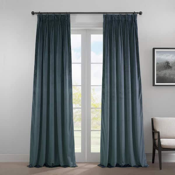 Exclusive Fabrics & Furnishings London Blue Pleated Curtains Heritage Plush Velvet 25 in. W x 108 in. L Velvet Room Darkening Curtain (Single Panel)