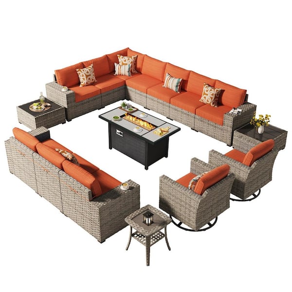 Loomcraft 16 Pieces Wicker Outdoor Patio Rectangular Fire Pit Set and Swivel Rocking Chairs with Orange Red Cushions