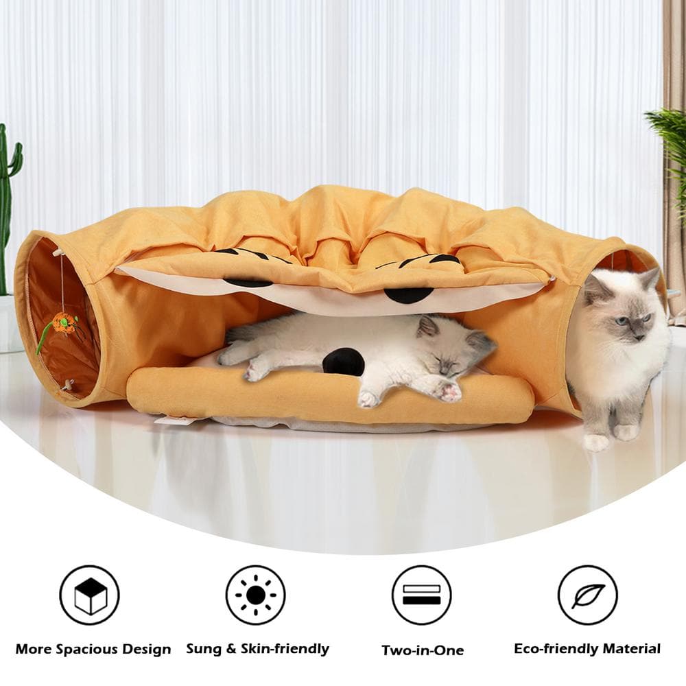 Medium Yellow Plush Polyester Cat Tunnel Bed