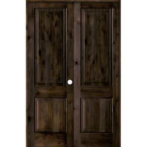 56 in. x 96 in. Rustic Knotty Alder 2-Panel Square Top Left-Handed Black Stain Wood Prehung Interior Double Door
